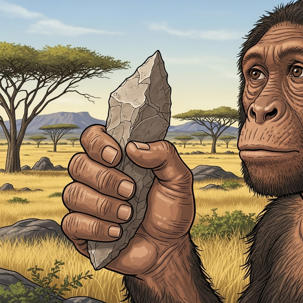 An illustration of a Homo habilis holding a simple, chipped stone tool in a savanna landscape, looking thoughtful. Focus on the detailed hand and tool, natural light, ancient African environment. Illustration style. No text.
