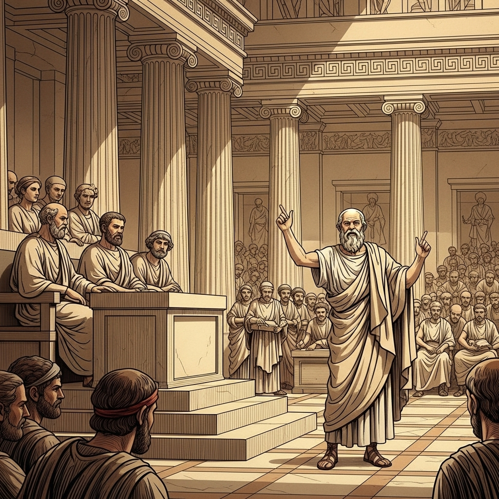 An ancient Greek courtroom scene with Socrates, a wise old man with a beard, passionately delivering his defense speech to a panel of judges and a crowd of Athenian citizens. The architecture is classical Greek, with natural light filtering in. Illustration style. No text.
