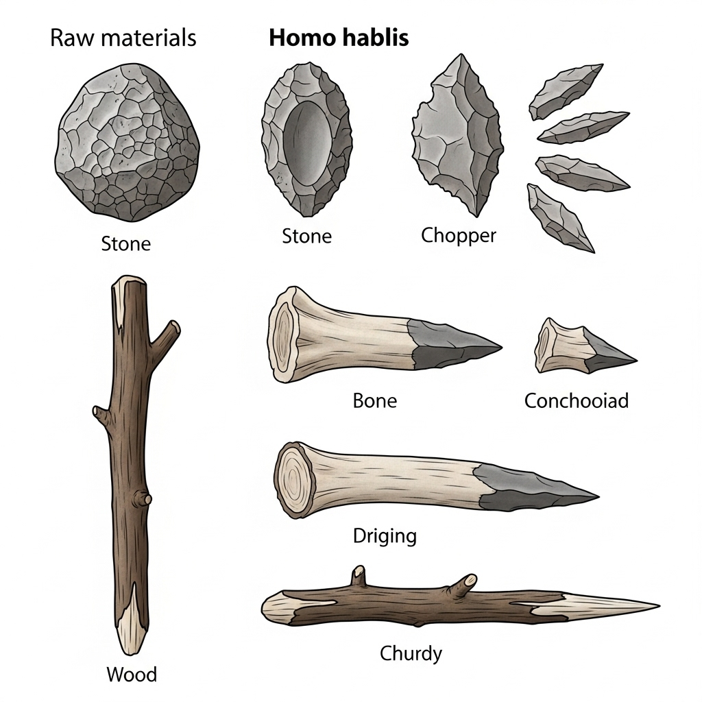 A detailed close-up infographic illustration showing various simple stone tools (flakes, choppers) made by Homo habilis from different materials like stone, bone, and wood. Clearly show the raw materials and the finished tools. Clean infographic style. No text.