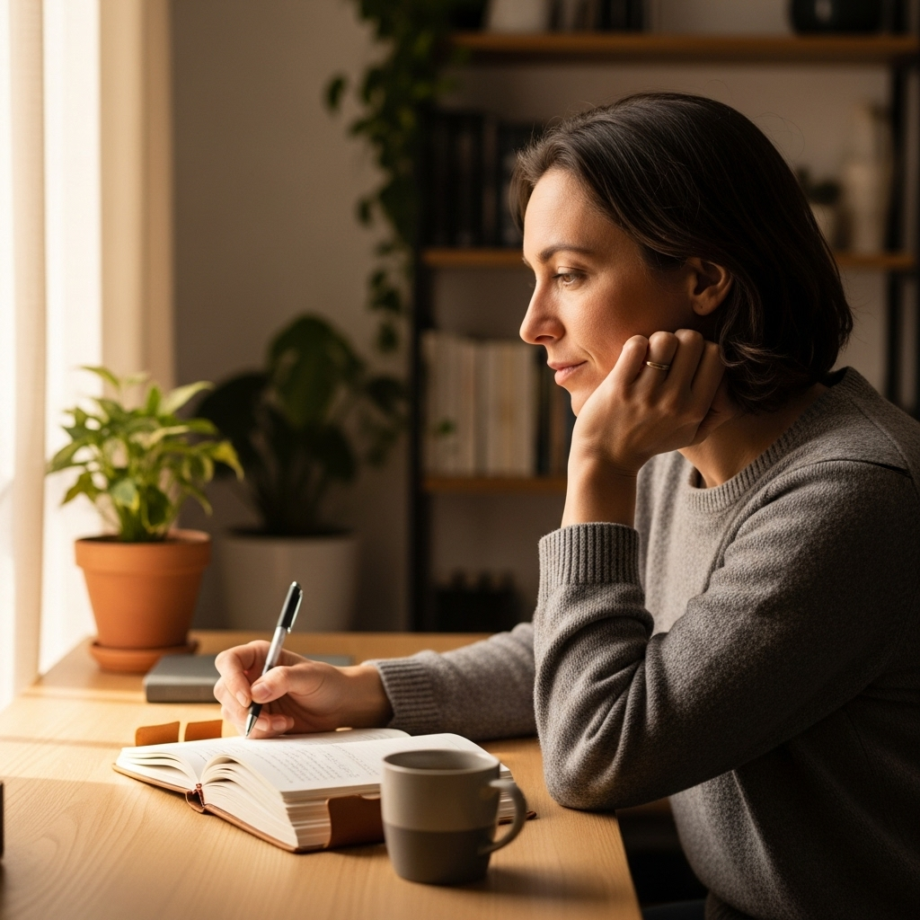 A modern person with a thoughtful expression, sitting at a desk and writing in a journal. The setting is a cozy, organized home office or reading nook, with soft, natural lighting. Emphasize introspection and personal reflection. Lifestyle photography. No text.