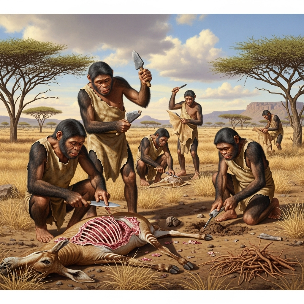 An illustration depicting a group of Homo habilis using their stone tools for different purposes, like scavenging meat from a carcass, digging for roots, or scraping materials. Emphasize their collaborative effort and resourcefulness in an ancient African setting. Illustration style. No text.