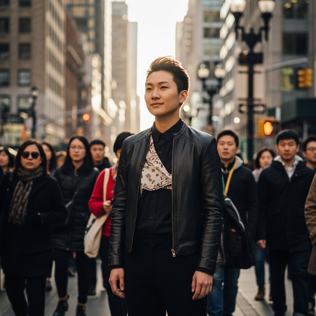 A person confidently standing out in a diverse crowd, their individuality highlighted, while others around them seem to blend in. The person has a calm yet powerful demeanor. Style: lifestyle photography. No text.