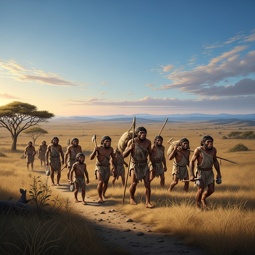 An illustration depicting early humans, possibly Homo erectus, embarking on a long journey from the African savanna towards a distant horizon. The atmosphere is determined and adventurous, with primitive tools in hand and a clear sky above. Style: historical illustration, no text.