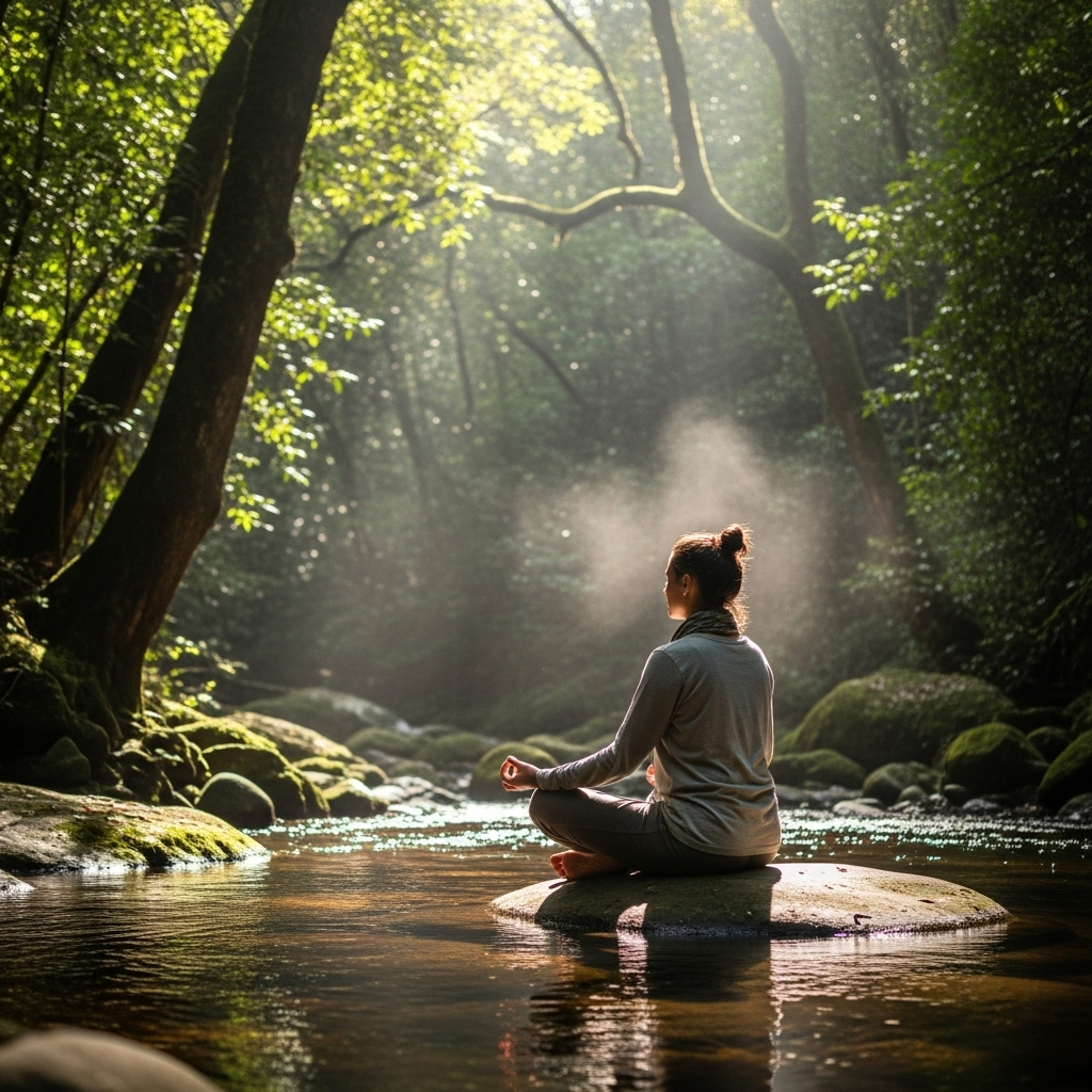 A person meditating in a serene natural setting, focusing on introspection and finding inner peace. The lighting is soft and natural. Style: lifestyle photography. No text.