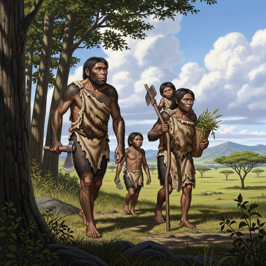 A realistic illustration of a Homo erectus family group, demonstrating their sturdy physique and determined expressions as they move through a varied landscape, possibly transitioning from a forest to open plains. They are carrying basic tools. Style: detailed anthropological illustration, no text.