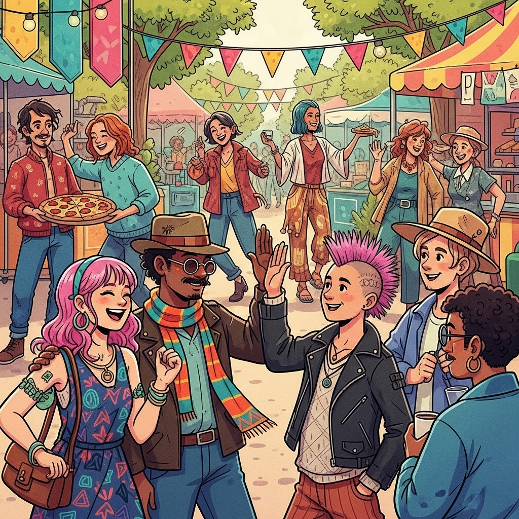 A diverse group of individuals, each expressing their unique personality through distinct styles and joyful interactions, celebrating their differences in a vibrant community setting. Style: vibrant illustration. No text.