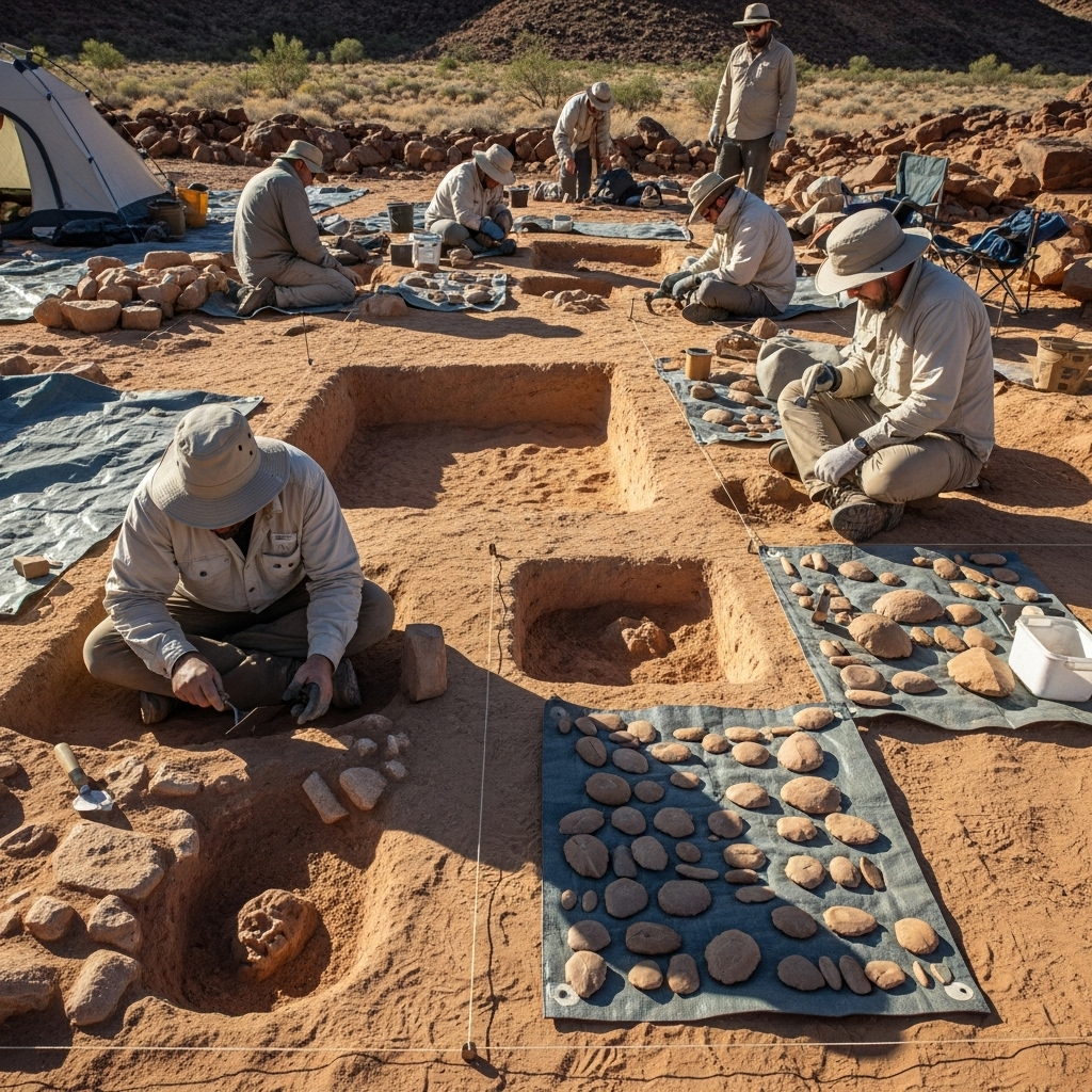 An archaeological dig site in a rocky, arid region, with researchers carefully excavating ancient human fossils and stone tools from the earth. The tools are primitive and distinct. The scene is bathed in natural daylight. Style: realistic documentary photography, no text.