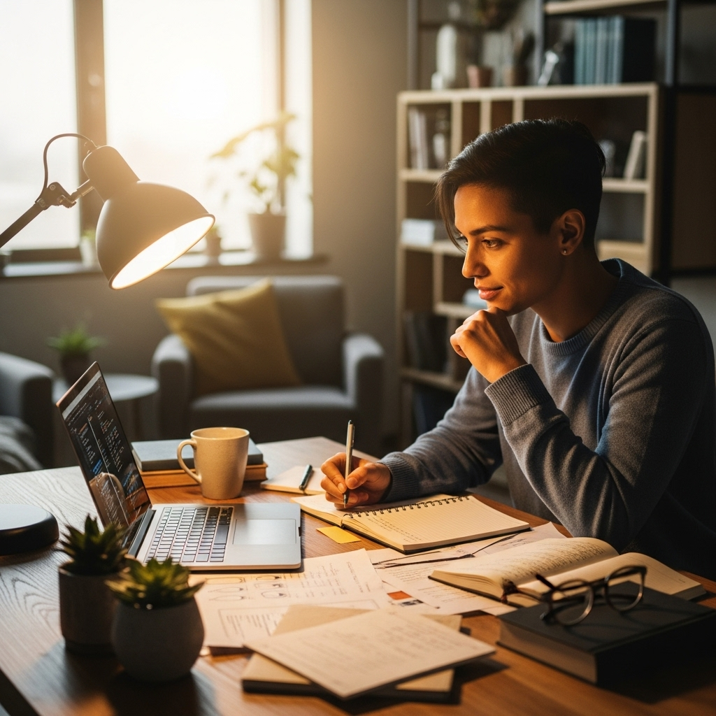 A person deeply focused on their work at a desk, surrounded by notes and a laptop, looking calm and engaged rather than stressed. The setting is a modern, cozy office with warm lighting. Lifestyle photography, no text.