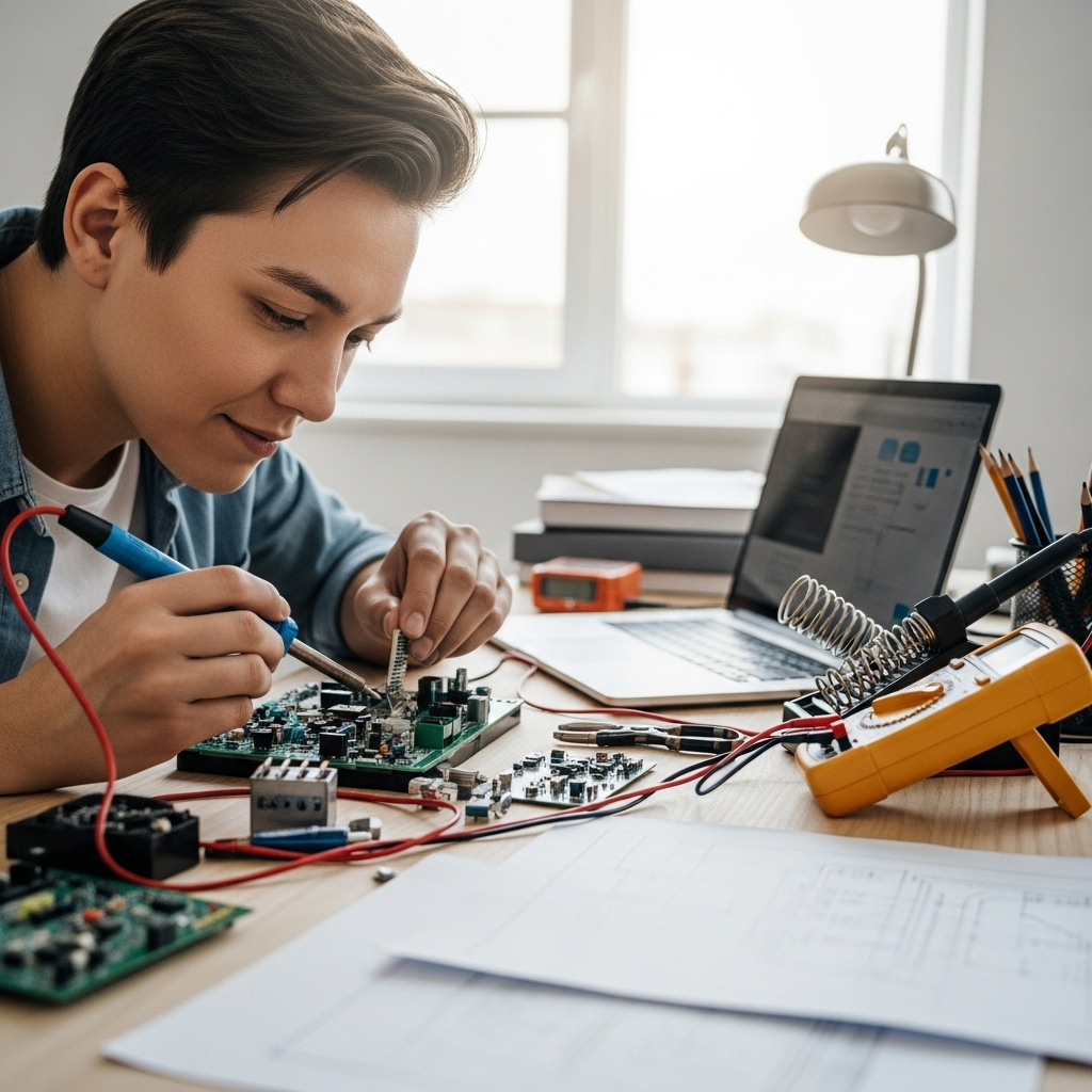 A focused person diligently working on a complex project, surrounded by various tools and resources, eyes sparkling with concentration. The atmosphere is quiet and productive, highlighting deep engagement and passion. Clean and bright lifestyle photography, no text.