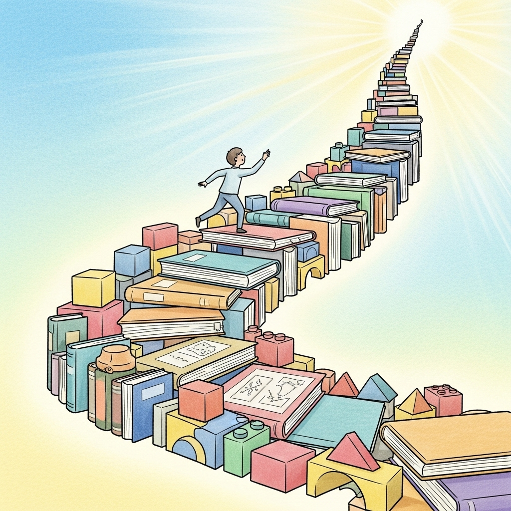 A stylized illustration of a person steadily climbing a winding staircase made of books or building blocks, symbolizing continuous learning and effort. The path leads to a bright, open space at the top, representing success. The overall mood is hopeful and determined. Illustration style, no text.