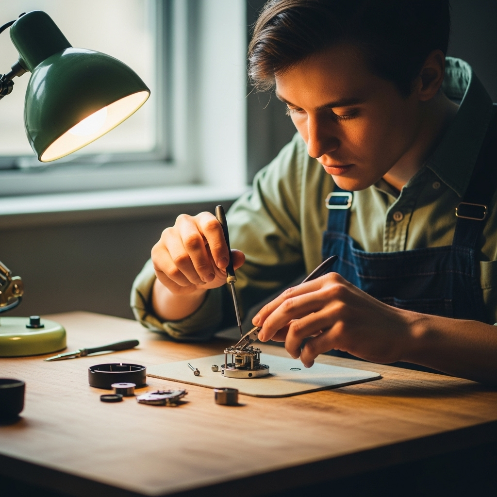 A person actively working on a small, achievable task at a modest desk, using simple tools. The scene radiates a sense of focus, determination, and resourcefulness. Natural lighting, warm colors, lifestyle photography, no text in image.