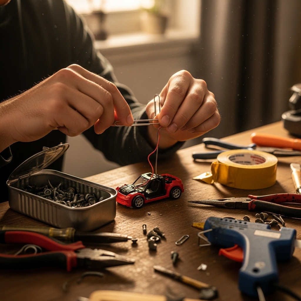 A person creatively repurposing everyday objects to solve a small problem or build something new. The scene shows ingenuity, limited resources, and a sense of accomplishment. Focus on hands-on activity, warm lighting, lifestyle photography, no text in image.