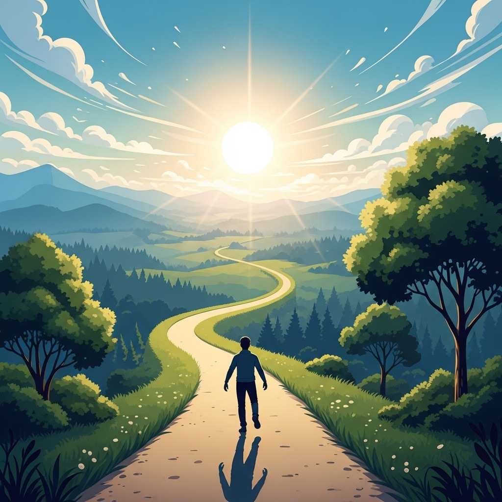 A path or road stretching into the distance, with a single person taking a confident first step. The atmosphere is hopeful and forward-looking, symbolizing progress and the impact of initial actions. Scenic landscape, bright natural light, illustration style, no text in image.