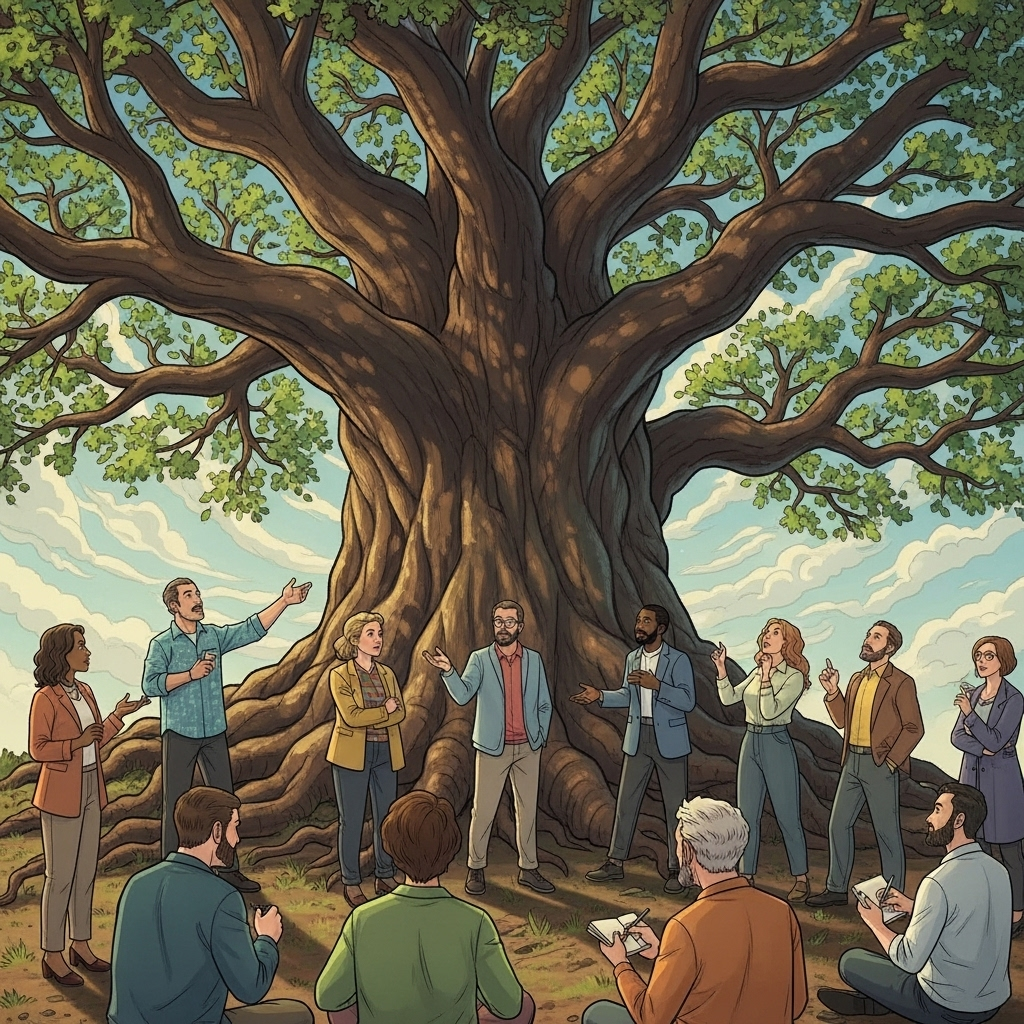 A group of diverse people gathered under a large, ancient tree, looking inspired and discussing ideas. The tree symbolizes wisdom and growth, with roots firmly planted and branches reaching skyward. The atmosphere is contemplative and collaborative. Style: illustration. No text.