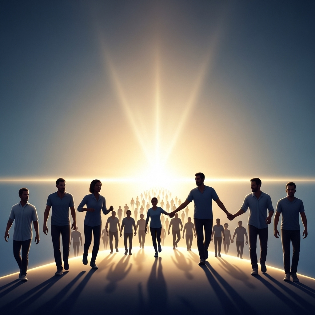 Diverse silhouettes of people moving forward towards a bright, distant light, symbolizing progress and hope. Some are walking, some running, some helping others. The path is clear and well-defined, leading to a promising horizon. Style: realistic illustration with soft lighting. No text.