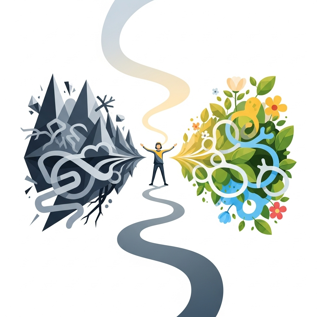 A person standing confidently amidst a symbolic landscape of challenges and blooming opportunities, illustrating resilience and discovery. Clean infographic style, bright and hopeful lighting. No text.