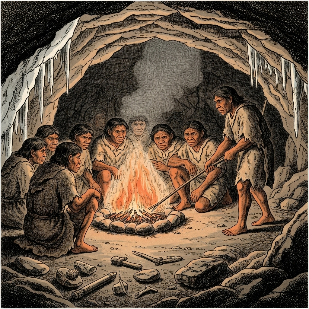 An illustration of early humans huddled around a controlled fire in a cave during a cold period. The fire provides warmth and light, showing primitive tools nearby. Emphasize the sense of survival and community. Style: historical illustration. No text.
