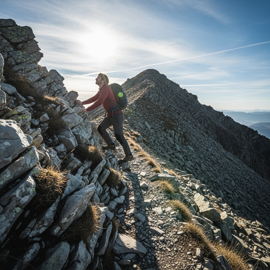 A person climbing a steep, rocky path, looking upwards with determination, with a bright, open landscape at the top. Symbolizes overcoming difficulties and finding opportunities. Lifestyle photography, natural light. No text.