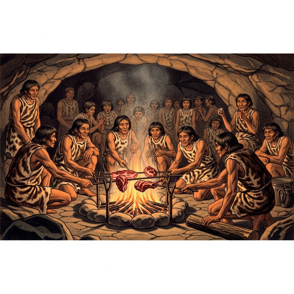 An illustration depicting early humans gathered around a primitive hearth inside a cave. They are cooking meat over the fire, and some are interacting, showing a communal scene. The cave walls are dimly lit by the firelight. Style: historical illustration. No text.