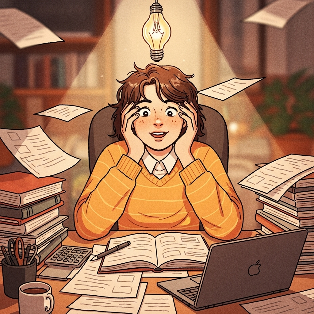 A lightbulb illuminating above a person's head while they are working on a complex problem, surrounded by scattered papers and a look of sudden realization. Illustrates finding opportunity. Illustration style, warm lighting. No text.