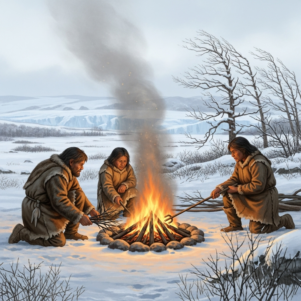 An illustration showing early humans in a cold, ice age environment on the Eurasian plains, purposefully tending a fire. The scene should convey survival and strategic use of fire against harsh conditions. Style: historical illustration. No text.
