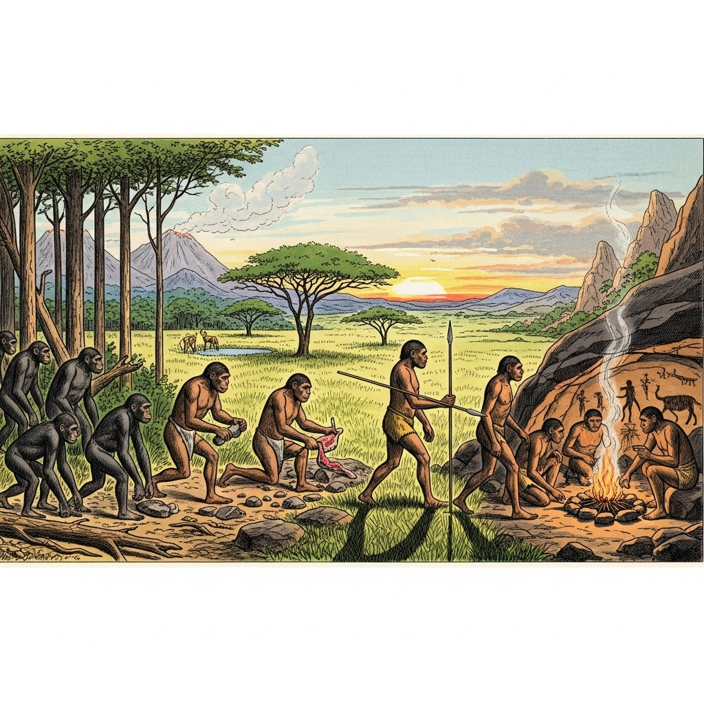 An illustration depicting the long evolutionary journey of early humans in East Africa, showing gradual changes from primitive hominids to early Homo sapiens. Focus on the progression and the African landscape. Style: historical illustration. No text.