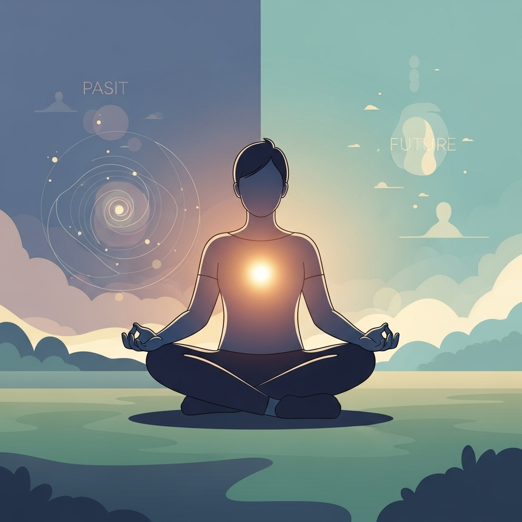 A person meditating in a serene, abstract landscape, with light emanating from their chest, symbolizing inner strength. The background shows blurred elements of past and future. Illustration style, clean, no text.
