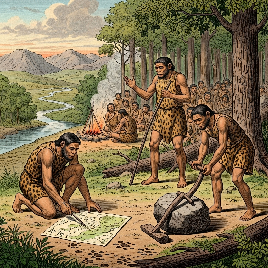 An illustration showing early Homo sapiens with prominent foreheads, symbolizing their developed brains. They are engaged in activities like problem-solving, planning hunts, and communicating with complex gestures, surrounded by a natural, ancient landscape. Style: historical illustration. No text.