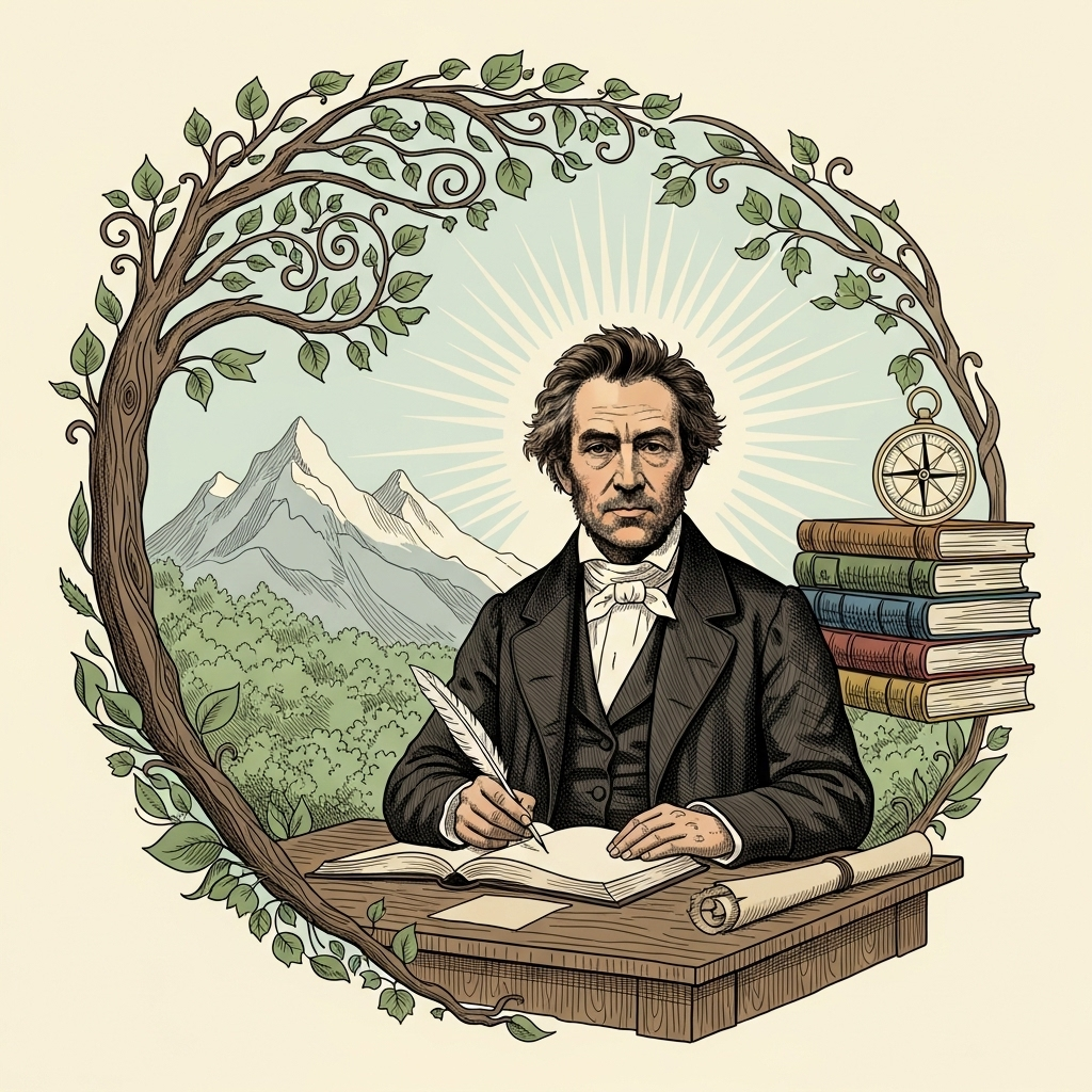 An elegant illustration of Ralph Waldo Emerson, perhaps seated with a quill, surrounded by abstract representations of nature and philosophical concepts like books and a compass, symbolizing his transcendentalist ideas. Style: historical illustration, no text.