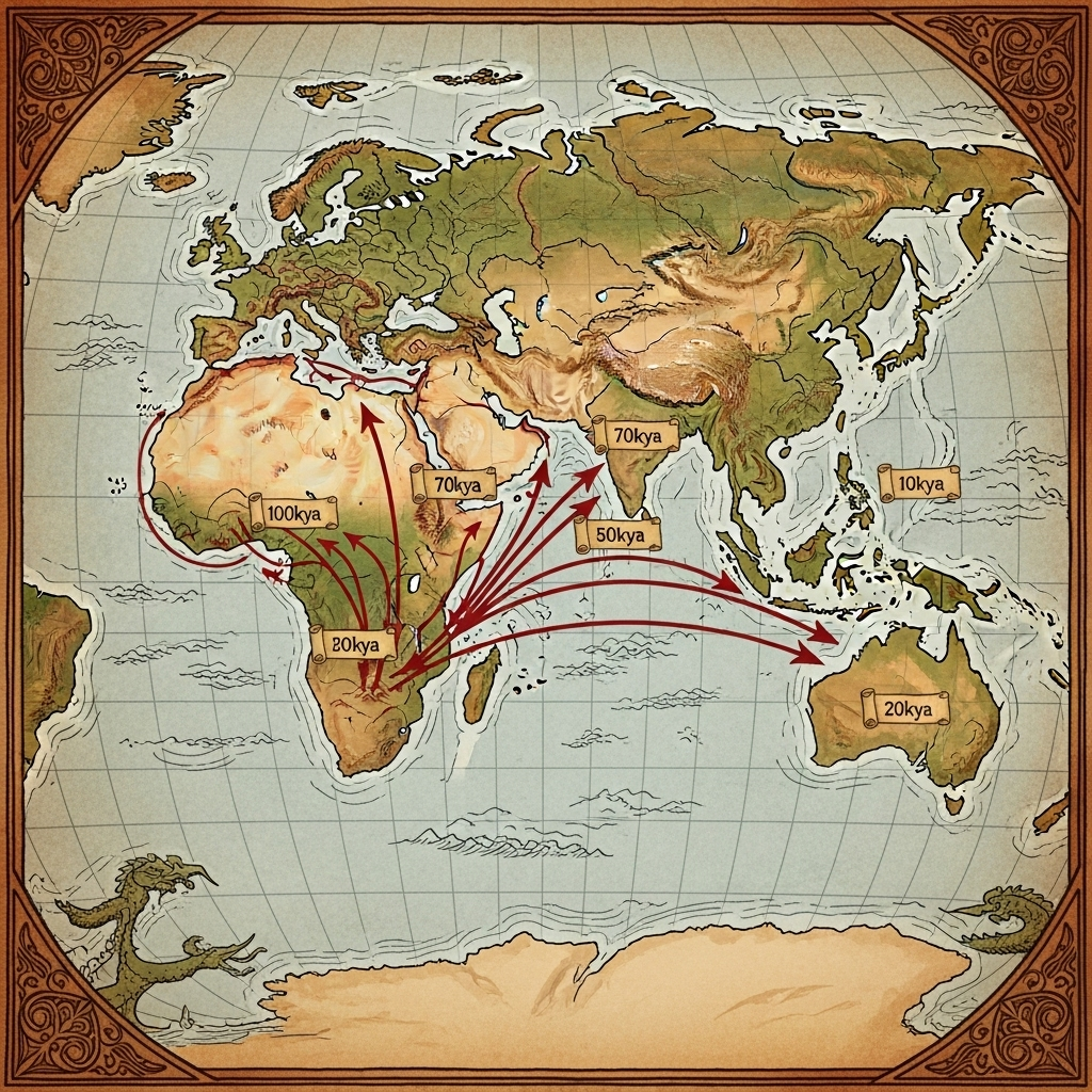 An ancient-style map illustration showing the estimated migration routes of early Homo sapiens out of Africa and across different continents, with arrows indicating direction and timeline markers. Style: historical map illustration. No text.