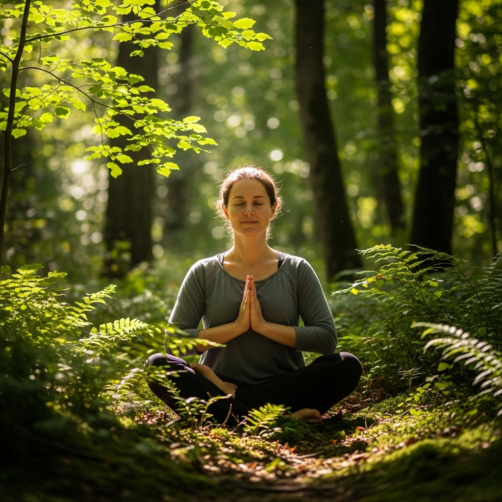 A person sitting in a lotus position, meditating peacefully amidst a vibrant, sunlit forest. Light filters through the leaves, highlighting a serene expression. Soft, natural lighting. Lifestyle photography, no text.