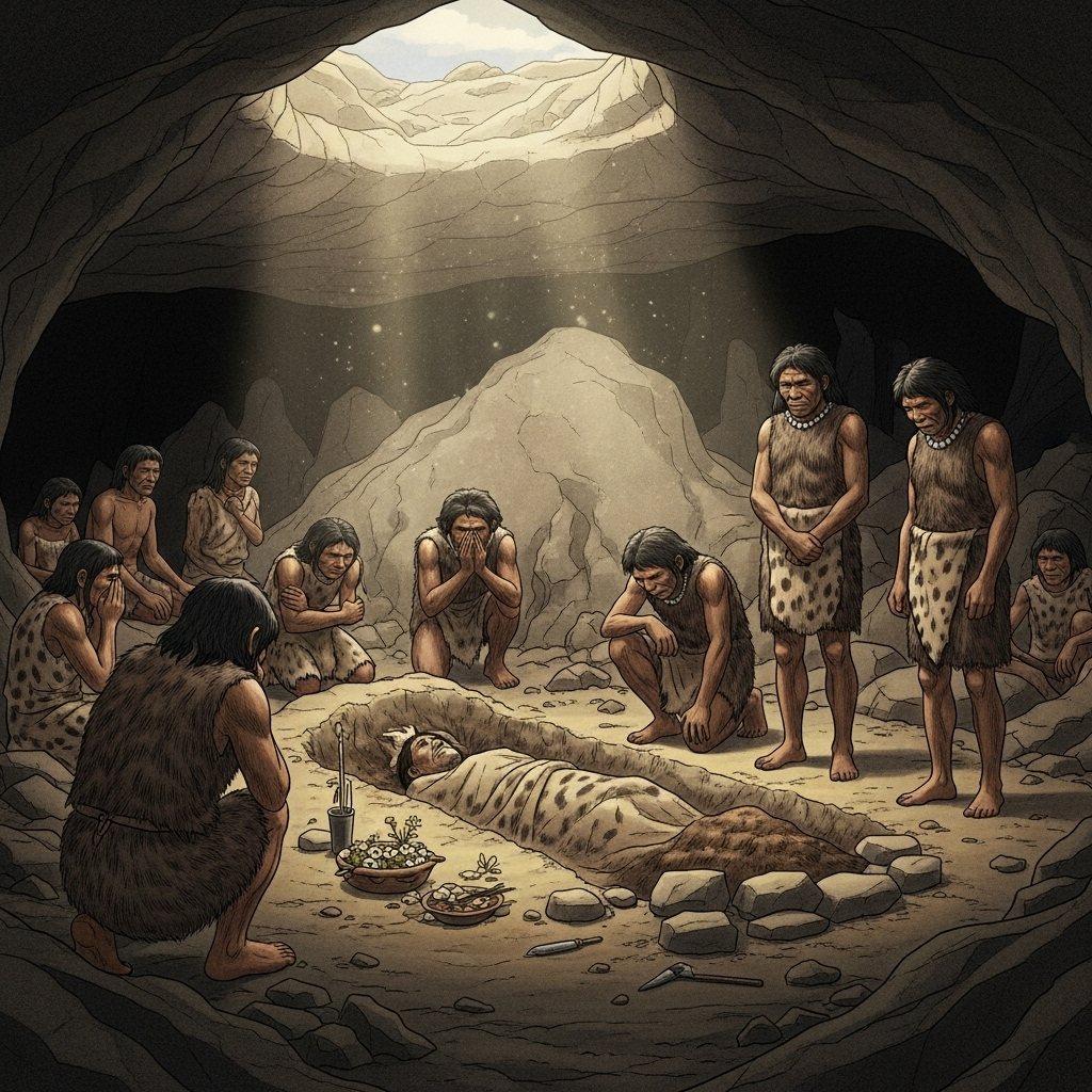 An illustration depicting early humans gathered around a burial site, with a sense of solemnity and reverence. Soft, natural light illuminating the scene in a cave or natural setting. No text.