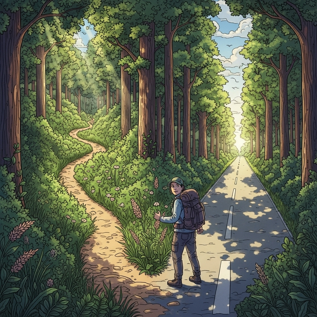 A person standing at a fork in the road, choosing an overgrown, less-traveled path over a clear, well-trodden one. The person shows determination. Lush natural setting, bright, hopeful lighting. Style: illustration. No text.