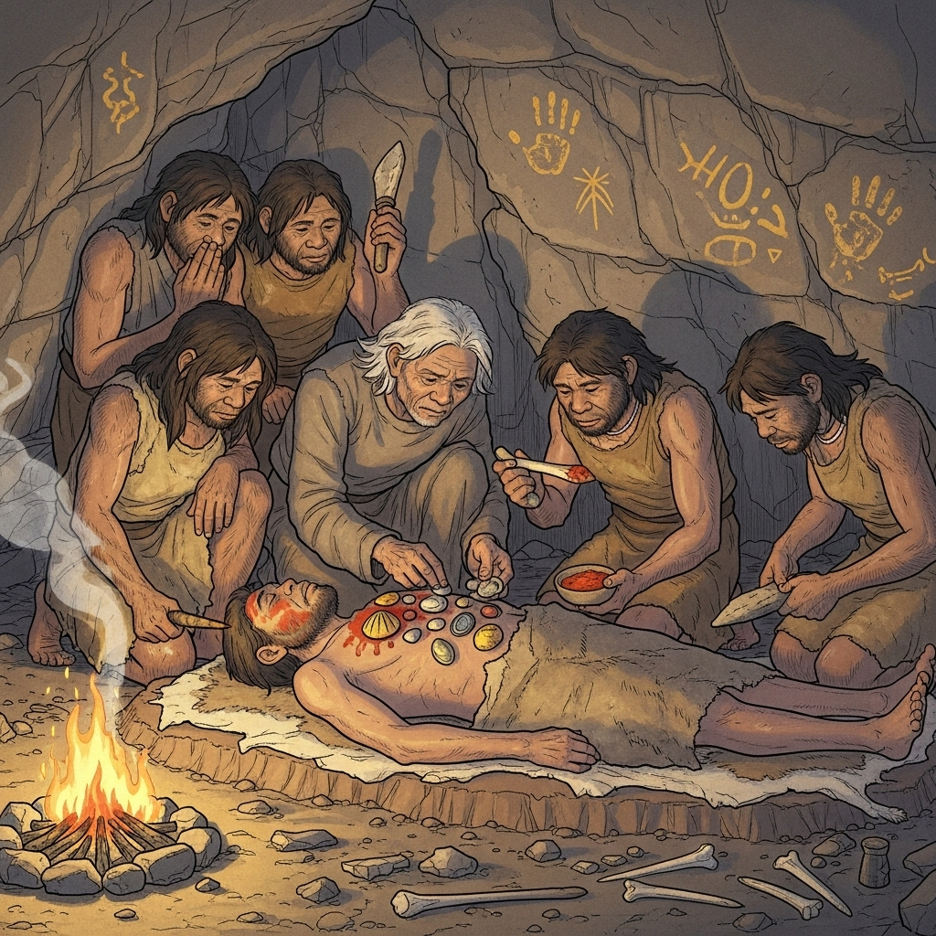 An illustration showing early humans performing a symbolic act around a deceased individual, perhaps placing objects or using ochre. Focus on the emotional and ritualistic aspect, with primitive tools and surroundings. Style: illustration. No text.