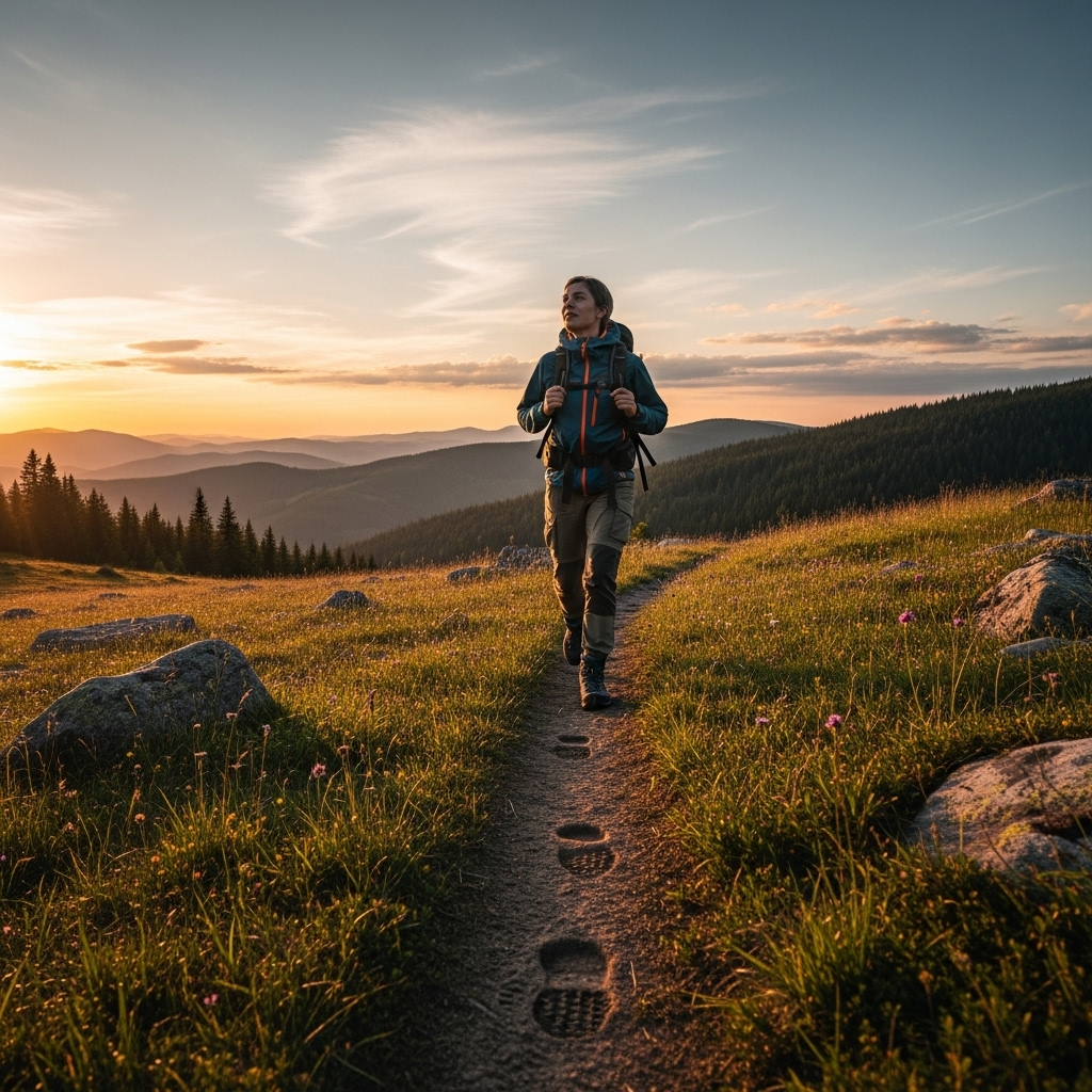 A lone person confidently hiking through untouched natural landscape, leaving distinct footprints on a previously untrodden path. The environment is serene and expansive, with soft, encouraging light. Style: lifestyle photography. No text.