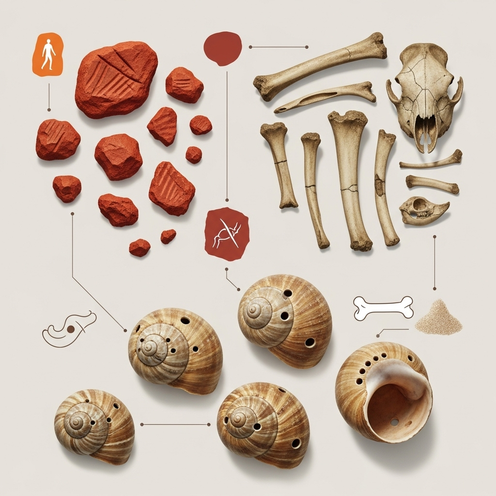 A detailed illustration of archeological findings from Skhul and Qafzeh caves, showing red ochre, arranged animal bones, and pierced snail shells. A clean infographic style highlighting the artifacts and their significance. No text.