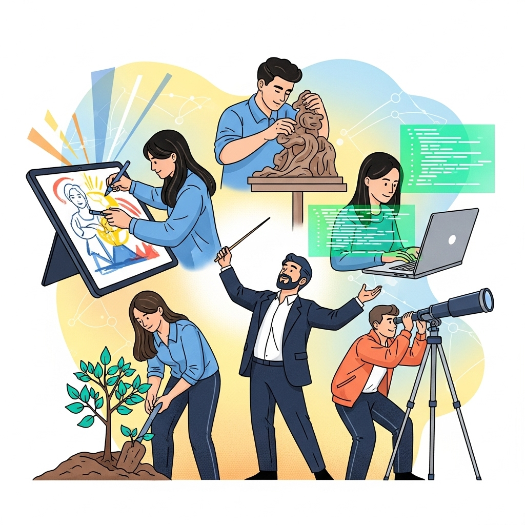 A diverse group of individuals, each engaged in a unique, creative, or pioneering activity, symbolizing diverse paths and individual leadership. They are shown in dynamic, inspiring poses with bright, optimistic atmosphere. Style: modern illustration. No text.