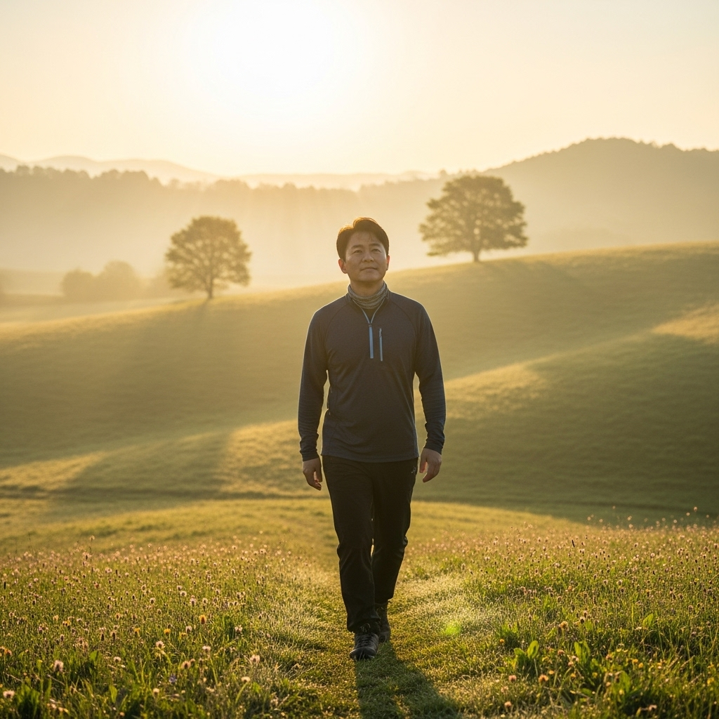 A Korean person, male or female, walking slowly but steadily up a gentle hill, looking determined but calm. The background is a serene landscape, with soft morning light. Realistic style, no text.