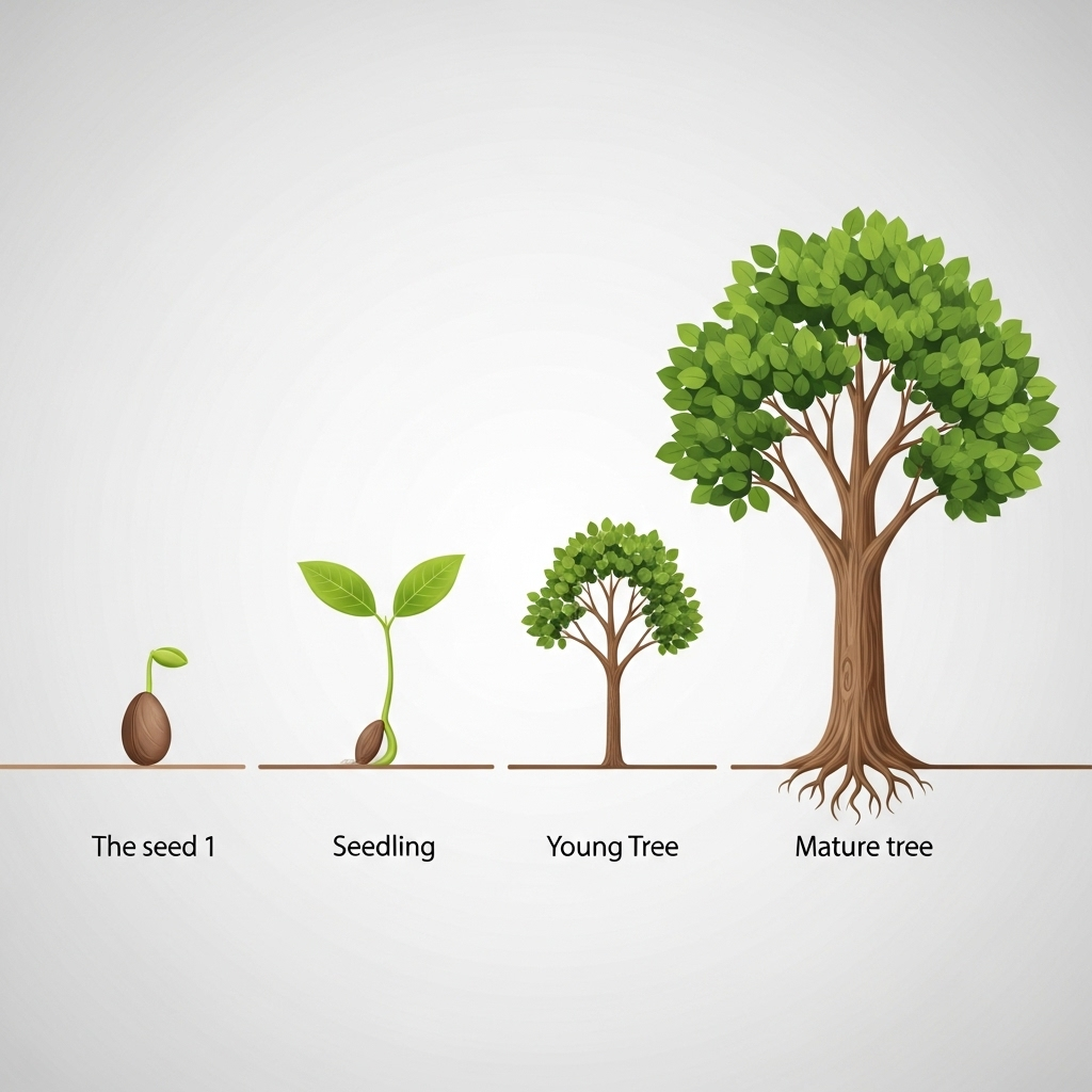 A visual metaphor showing a small seed gradually growing into a strong, mature tree over several stages. The background is simple and clean, highlighting the transformation. Style: clean infographic, no text.