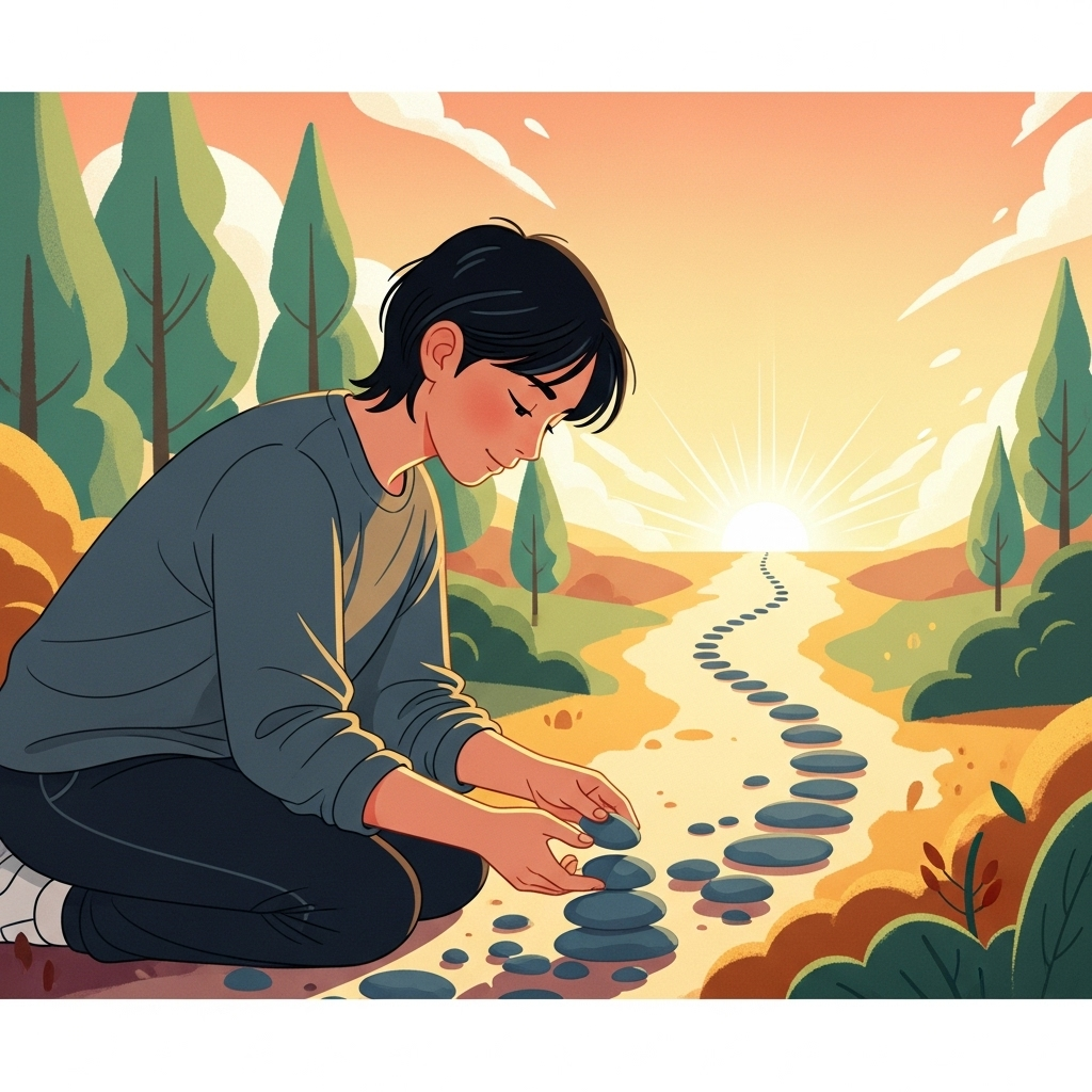 A Korean person, male or female, gently but consistently placing small stones to build a path forward, symbolizing steady progress towards a distant goal. The atmosphere is calm and focused. Style: illustration with warm, encouraging colors, no text.