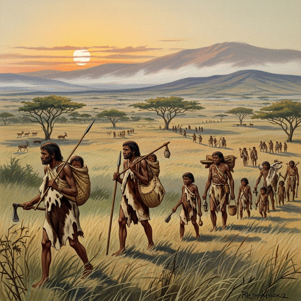 An illustration depicting early Homo sapiens groups migrating from East Africa, showing individuals with simple tools, carrying belongings, and moving across a vast, natural savanna landscape under a warm sun. Style: historical illustration. No text.