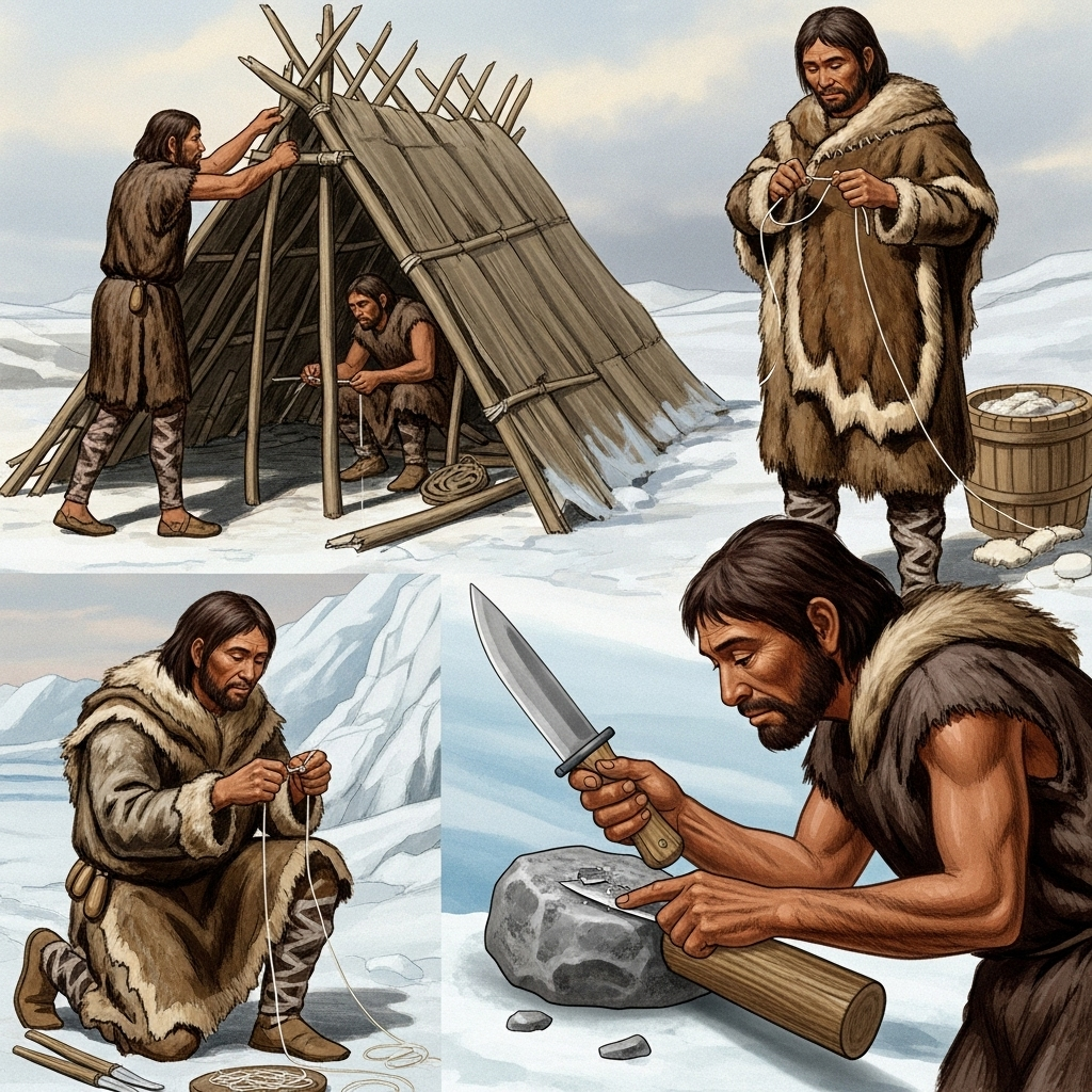 An illustration showing early Homo sapiens demonstrating advanced survival skills in a harsh environment. One person is constructing a sturdy, long-lasting shelter, another is sewing warm clothing from animal hides, and a third is sharpening a small stone knife attached to a wooden handle. The setting is a cold, possibly icy landscape. Style: historical illustration. No text.