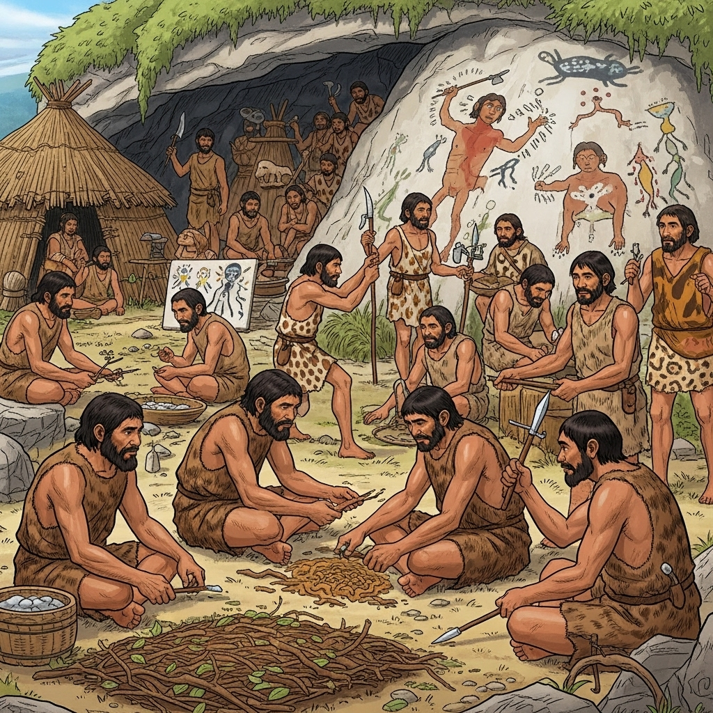 An illustration depicting a diverse group of early Homo sapiens in a flourishing settlement. They are engaged in various activities like farming, art (cave painting), and tool-making, symbolizing the beginning of civilization and the positive legacy of their spread across the globe. The environment is vibrant and hopeful. Style: historical illustration. No text.