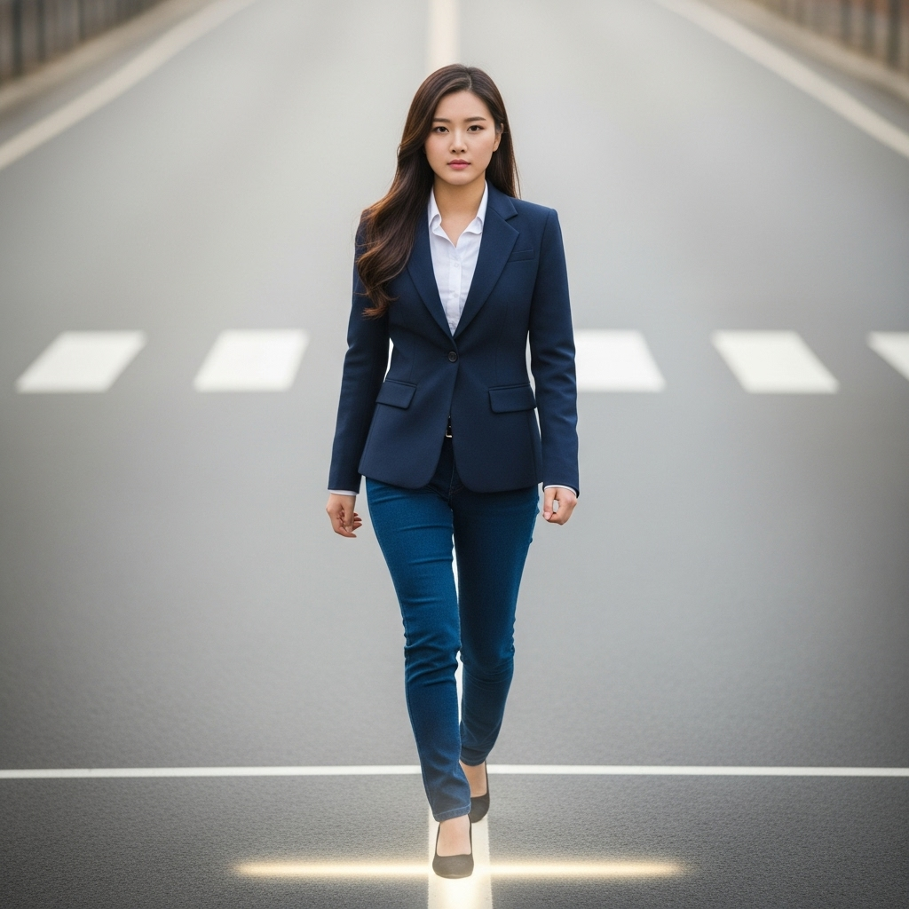 A confident young Korean woman, with a determined expression, looking forward. She is at a crossroads, with one path clearly illuminated by her belief, symbolizing 'Believe you can and you're halfway there'. The background is slightly blurred, emphasizing her as the central focus. Realistic details, natural lighting, inspiring atmosphere. No text in image. lifestyle photography.