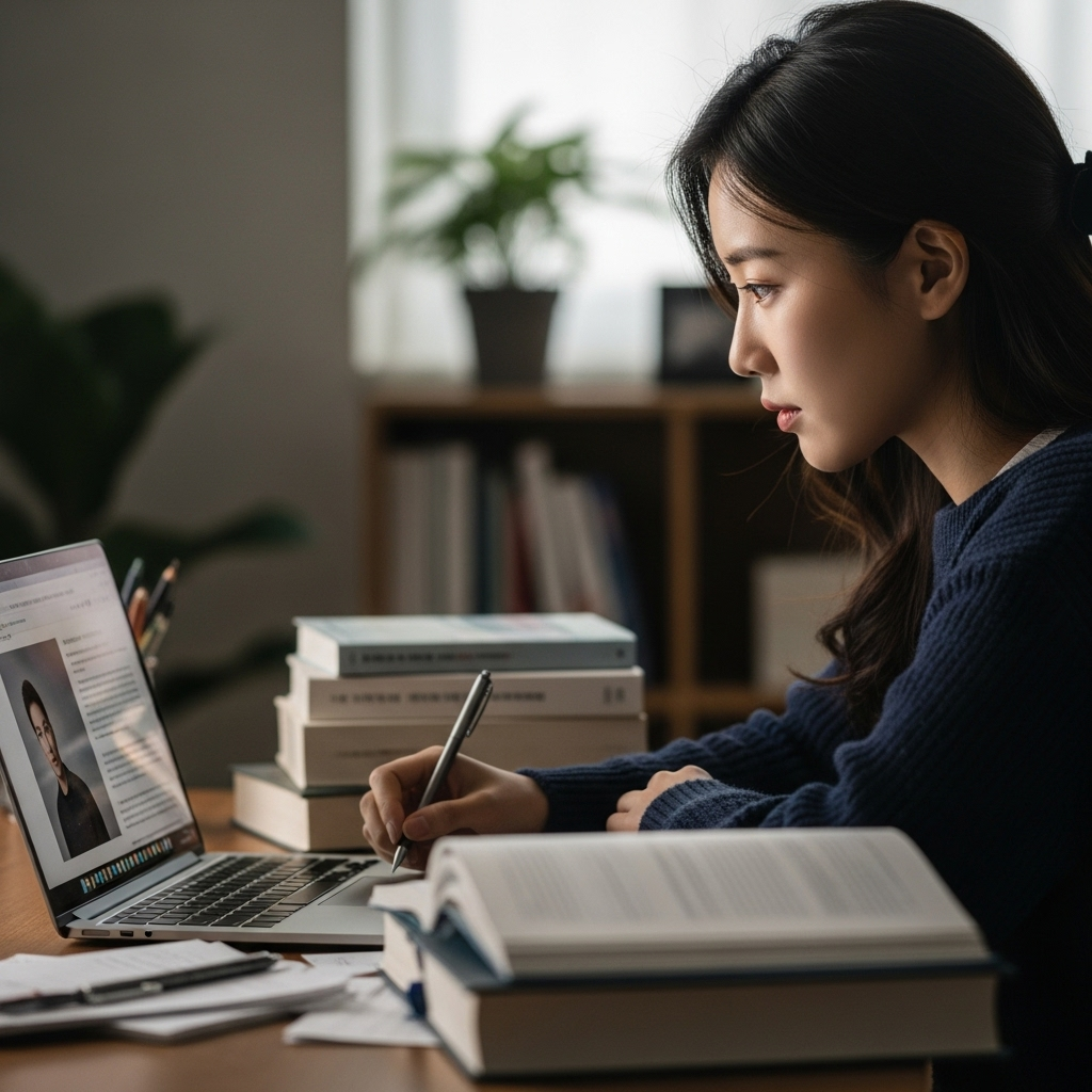 A focused young Korean woman sitting at a desk, deeply engrossed in her work or study, surrounded by books and a laptop. Her expression shows determination and quiet confidence, embodying the practical application of belief in daily life. Soft, natural lighting. Lifestyle photography, no text in image.