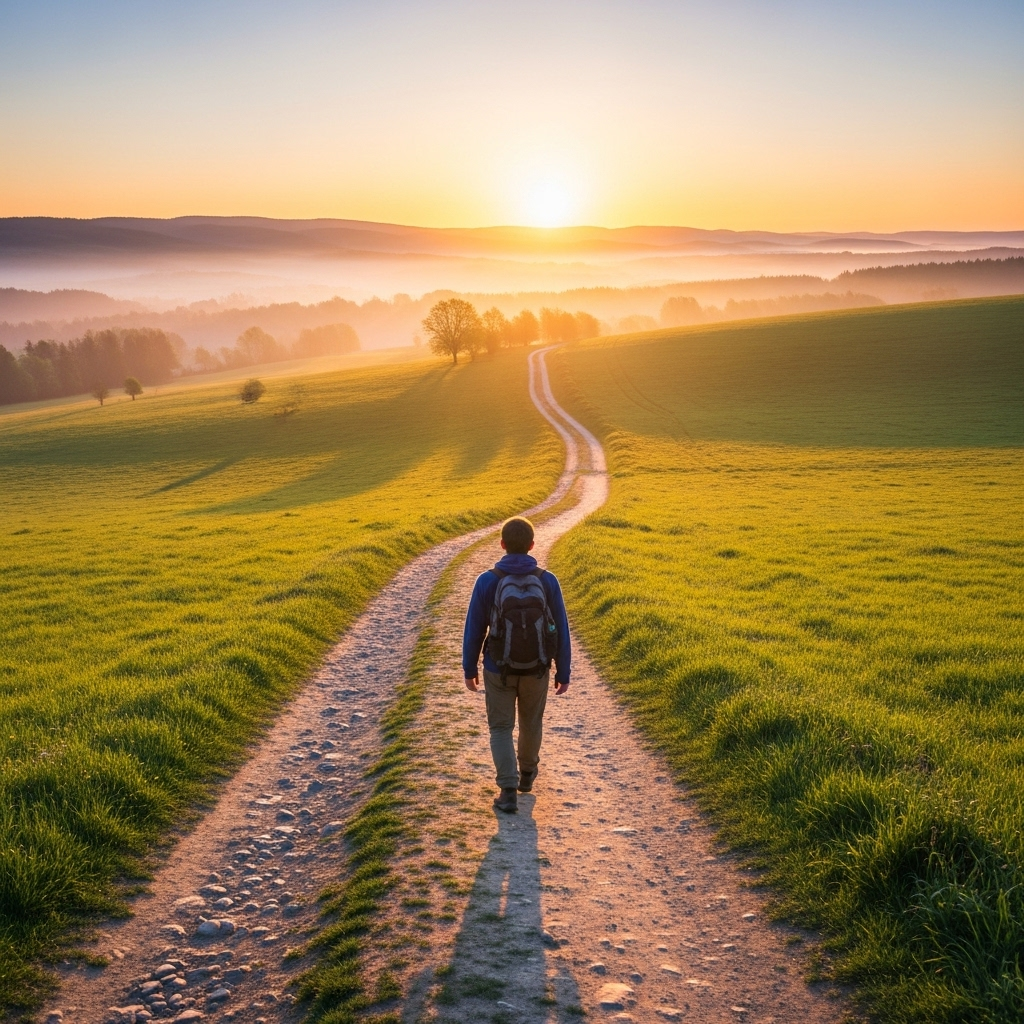 A person taking a confident first step on a long, winding path that disappears into the distance, symbolizing a thousand-mile journey. The scene is bright and hopeful, with a sunrise in the background. Lifestyle photography, no text.