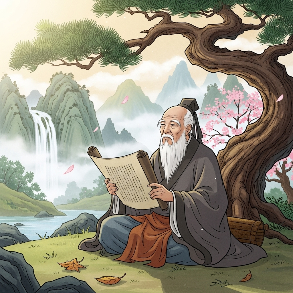 An aged, wise-looking East Asian philosopher, possibly Lao Tzu, sitting calmly and contemplating ancient scrolls or a book, surrounded by a serene, natural environment typical of ancient China. Illustration style, no text.