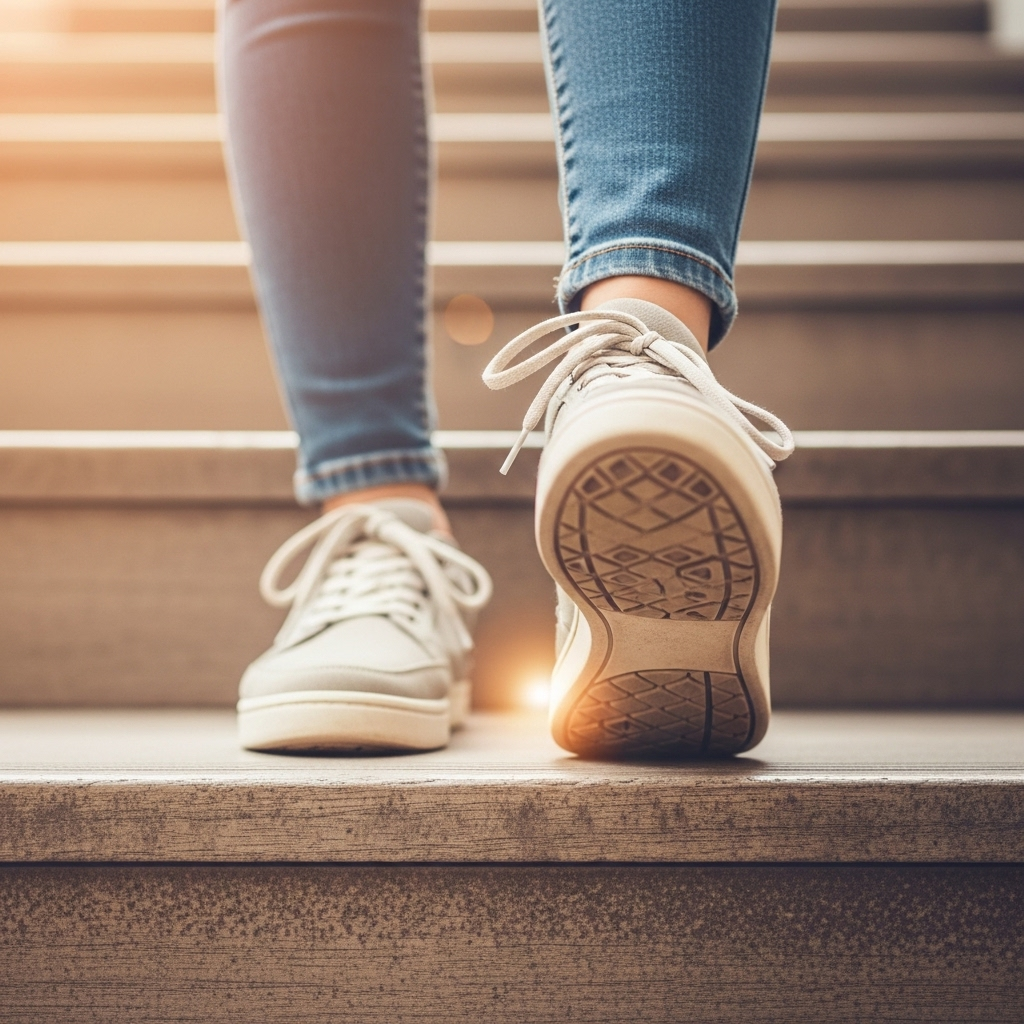 A close-up shot of a person's feet taking a step up a staircase, symbolizing the start of a journey or progression towards a goal. The focus is on the action of stepping, with soft, encouraging lighting. Lifestyle photography, no text.