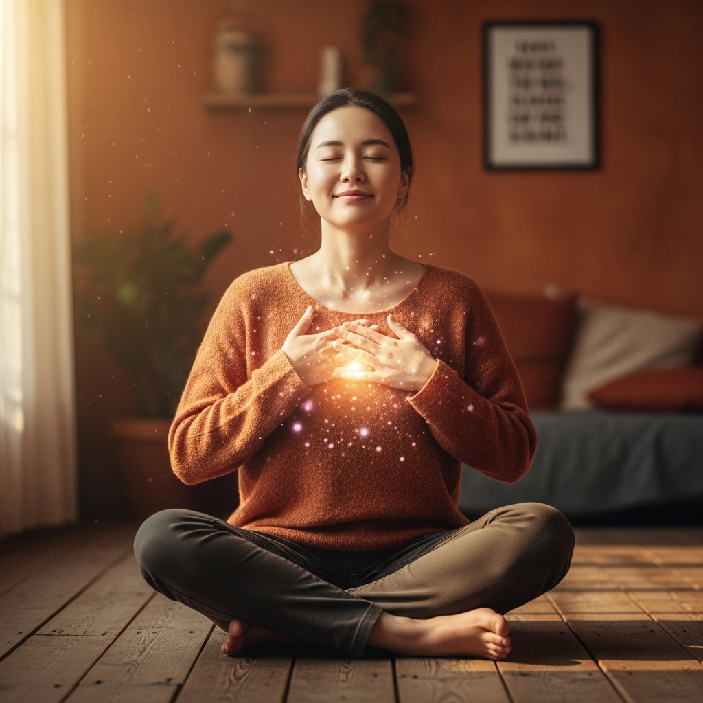 A Korean person, looking content and peaceful, is symbolically planting seeds of happiness within themselves, surrounded by a subtle glow. The background is warm and inspiring, emphasizing inner strength and self-reliance. Natural lighting, vibrant colors. No text in image. lifestyle photography