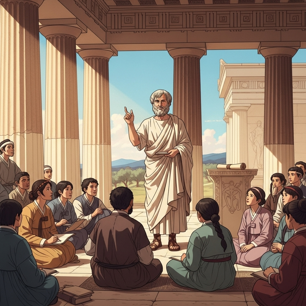 An illustration depicting an ancient Greek philosopher, resembling Aristotle, teaching a group of attentive Korean students about happiness in a classical setting. The philosopher is gesturing thoughtfully, conveying wisdom and calm. The atmosphere is intellectual and serene. No text in image. illustration
